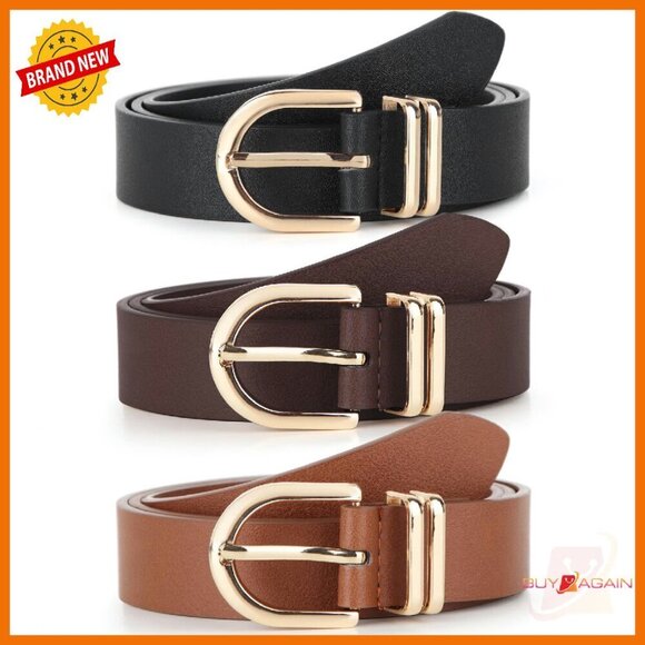 Women\'s Faux Leather Belts Gold Buckle 3 Pack for Jeans Pants main image 2